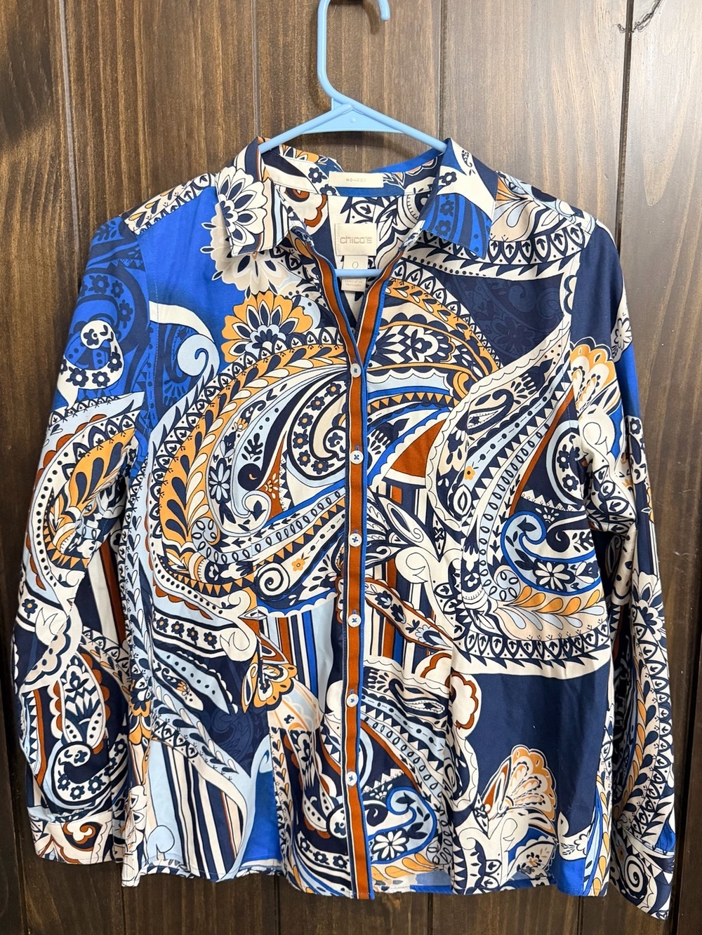 Chico's Blue, Navy & Orange Paisley Button-Front Blouse - Picture 2 of 7